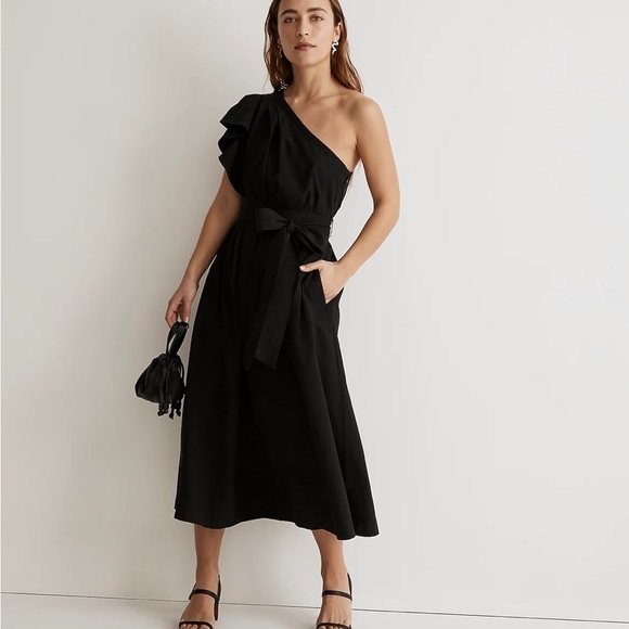 Madewell ruffled one shoulder midi dress true black - Picture 1 of 6